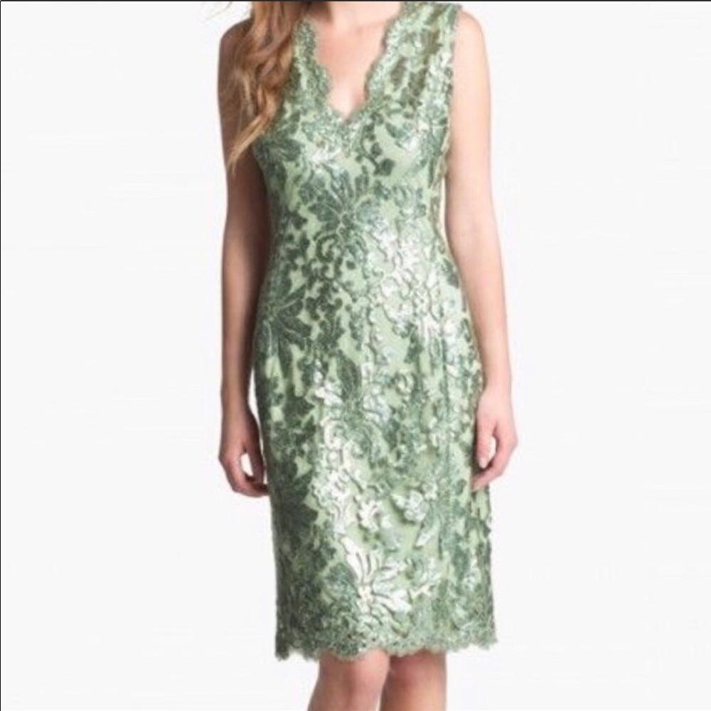 Tadashi Shoji Sequined Lace V Neck Dress